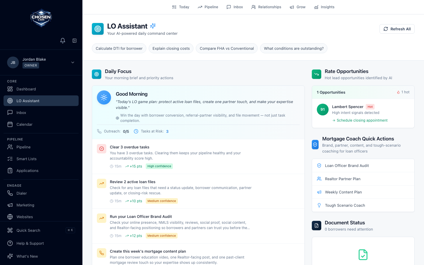 ChosenAI daily focus with priority actions, rate opportunities, coaching, and document status.