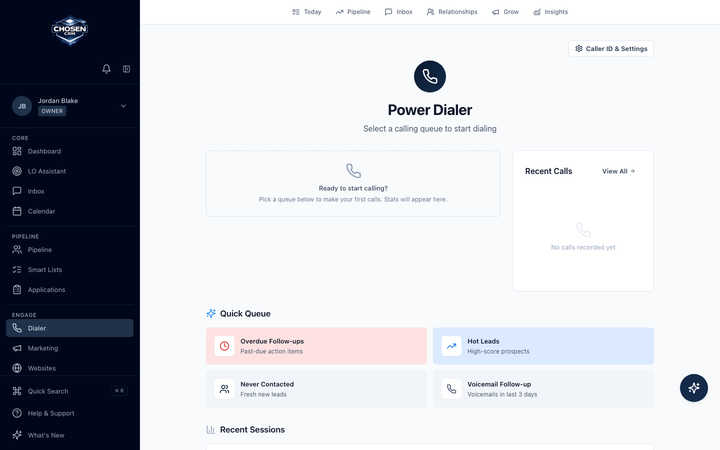 ChosenCRM power dialer showing a mortgage call queue and contact context.