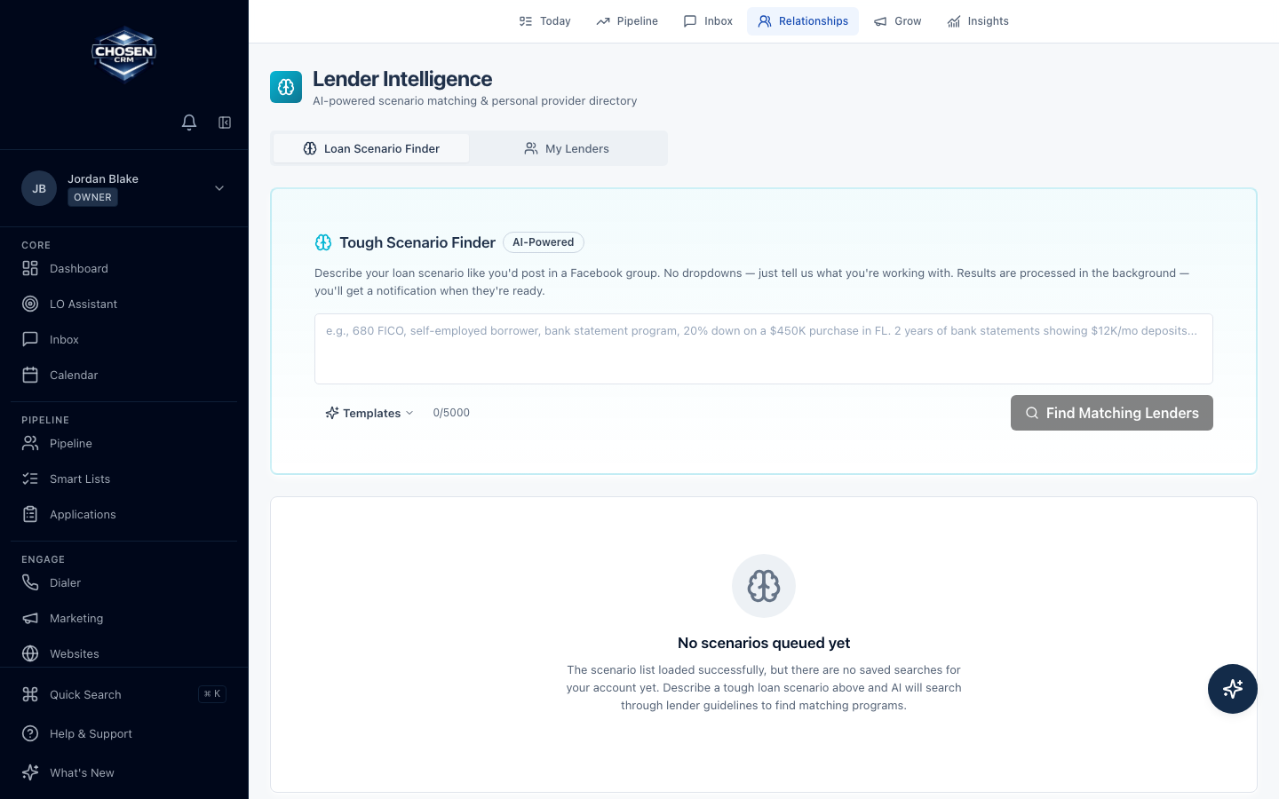 ChosenCRM Tough Scenario Finder research workflow with sample data.