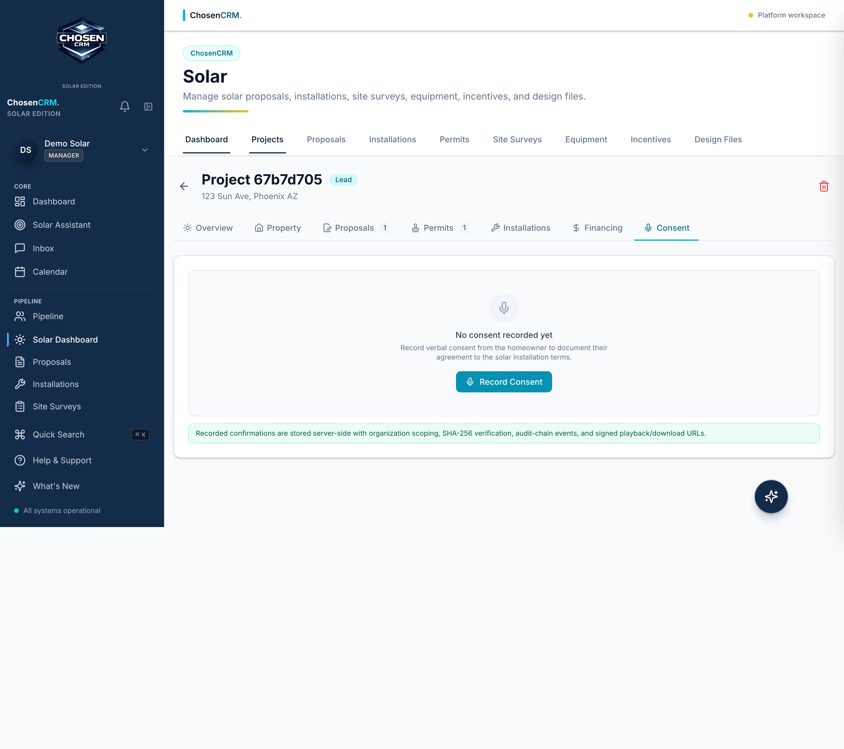 Actual ChosenCRM Solar project verification screenshot